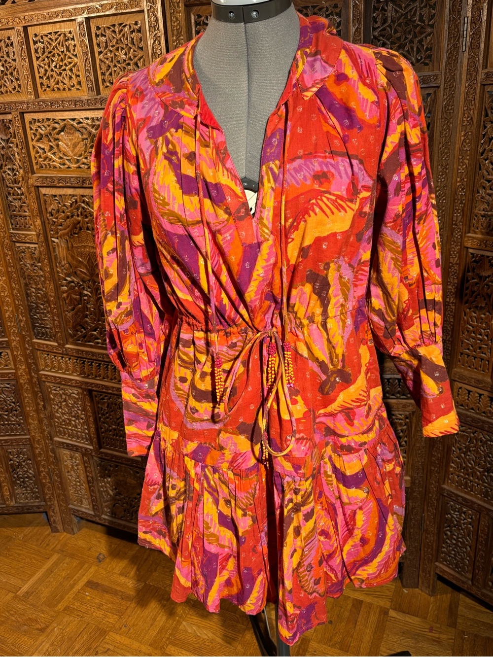 FARM Rio Red, Pink & Orange Tie-Waist Midi Dress